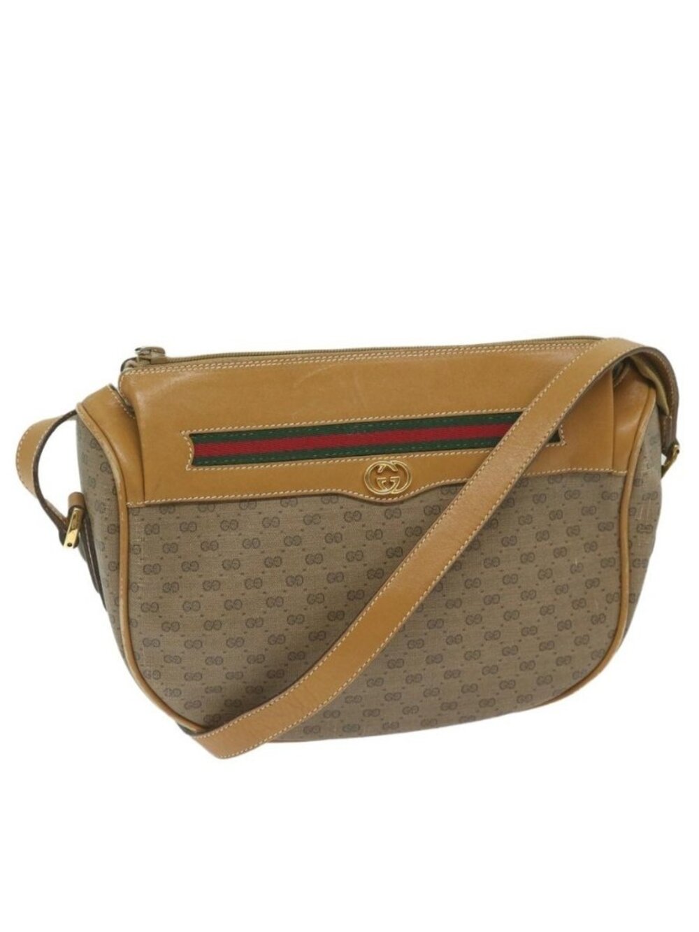 Authentic GUCCI Micro GG Canvas Web Sherry Line Shoulder Bag PVC Beige Green